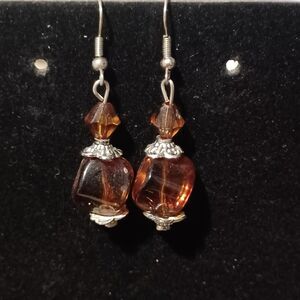 Vintage Amber-Colored Beaded Dangle Earrings w/ Silver-Toned Accents